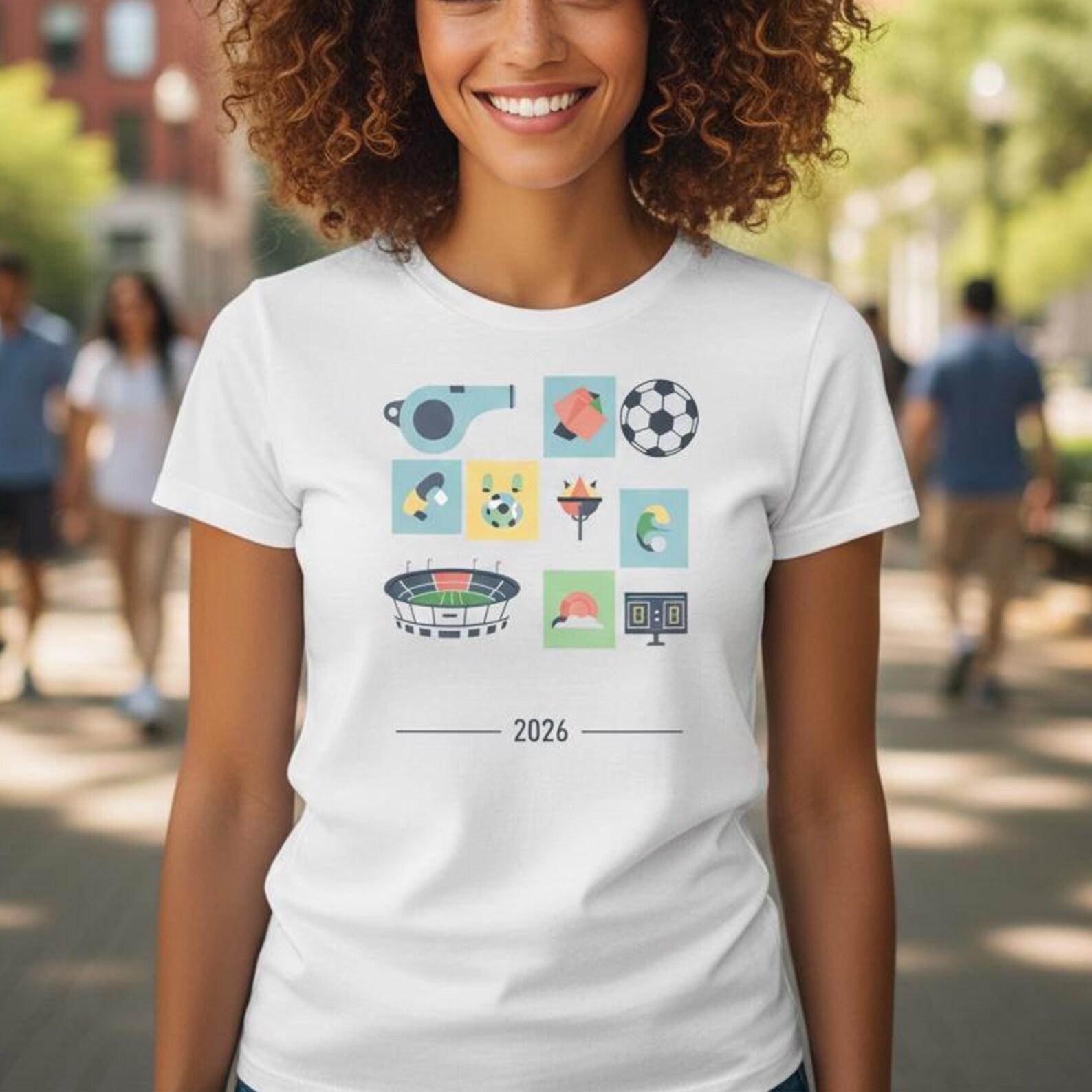World Cup 2026 Soccer T-Shirt | Football Icons Stadium Ball & Whistle Graphic Tee S