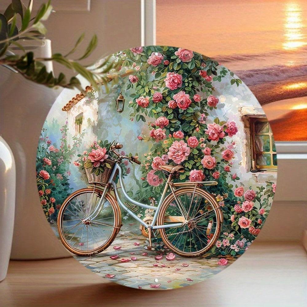 Rustic Blue Bicycle with Wicker Basket of Pink Roses Against a Charming White Cottage Lush Rose Garden HighDefinition Metal T