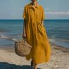 European and American New Women's Long Dress Casual Loose Lapel Button Pleated Short Sleeve Cotton and Linen Dress Women