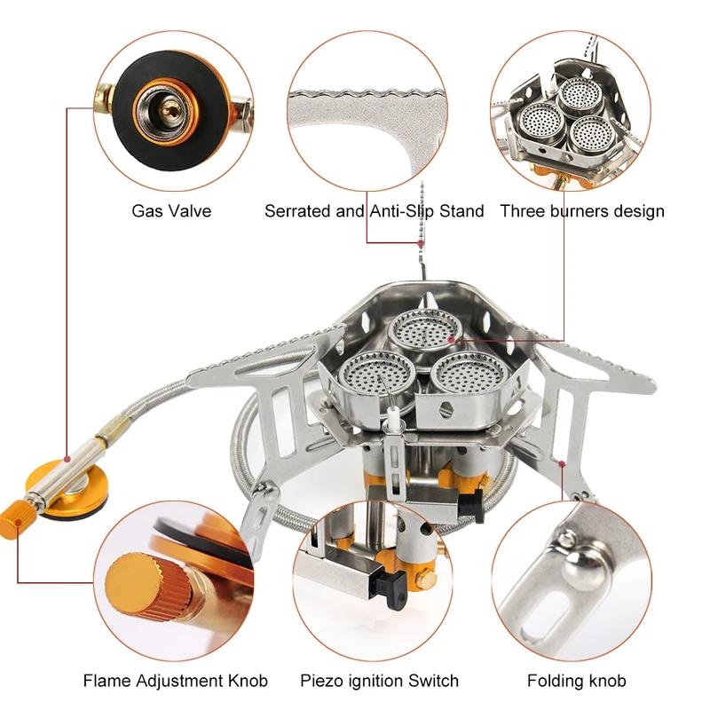 3 Heads Camping Burner Big Power Gas Stove Cookware Portable Windbreak Furnace Picnic Barbecue Tourism Supplies Outdoor