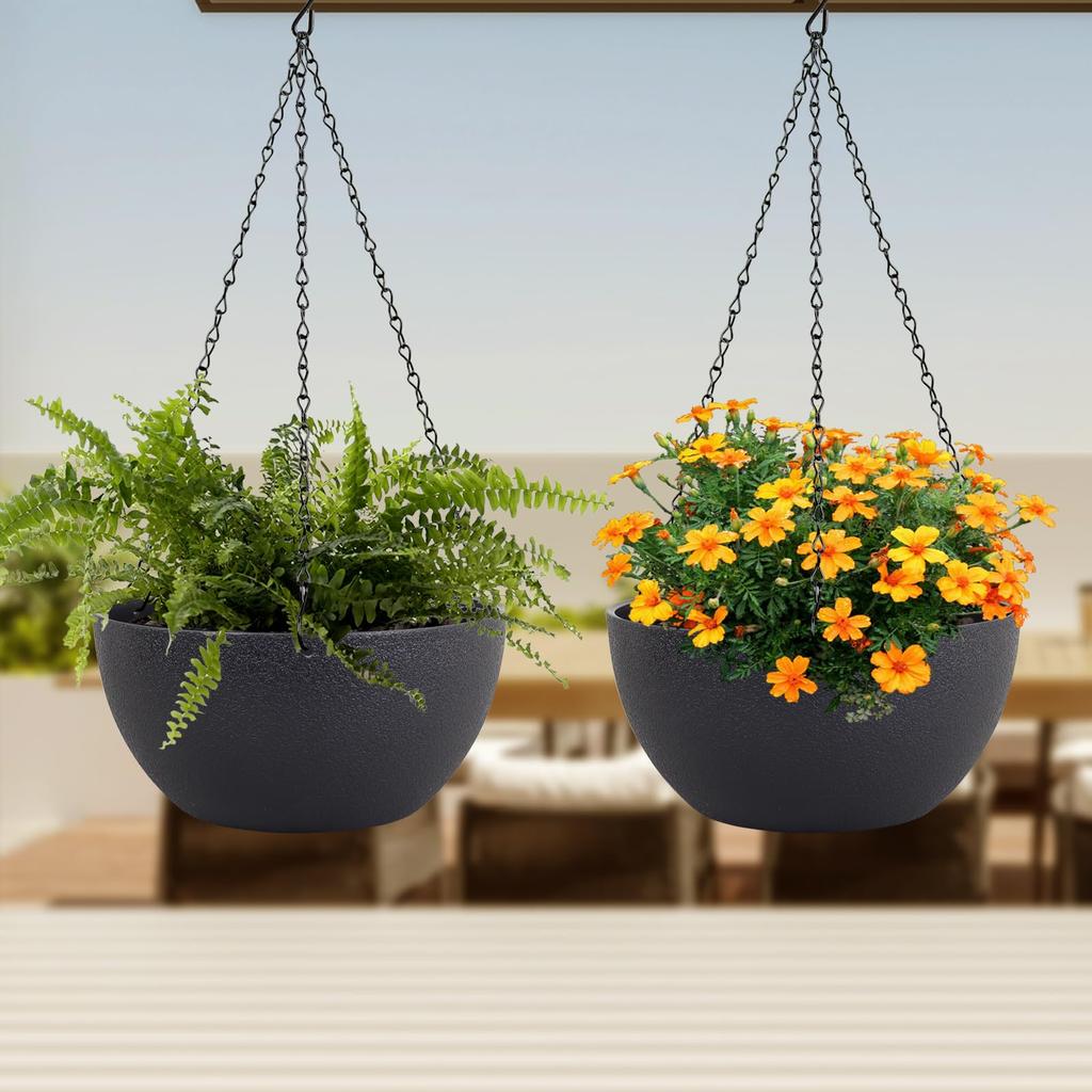 10 Inch 2 Pack Hanging Flower Pots with Drainage Holes and Chain for Garden Porch Plants, for House Plants Decor,