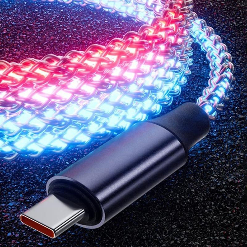 Braided Type C Charges Cable with Light Effects 66W Rapid Charges Cord 1m Length Charging Cable for Multiple Devices