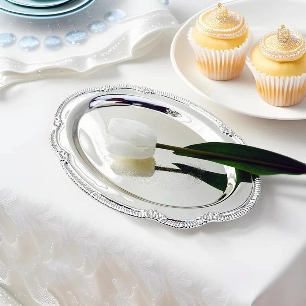 New Embossed Silver Tray Silver Oval Snack Plate Storage Tray Dining Table Decoration