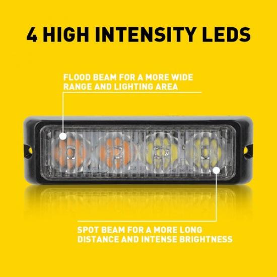 4 LED Amber/White Car Truck Beacon Strobe Flash Warning Light 12V