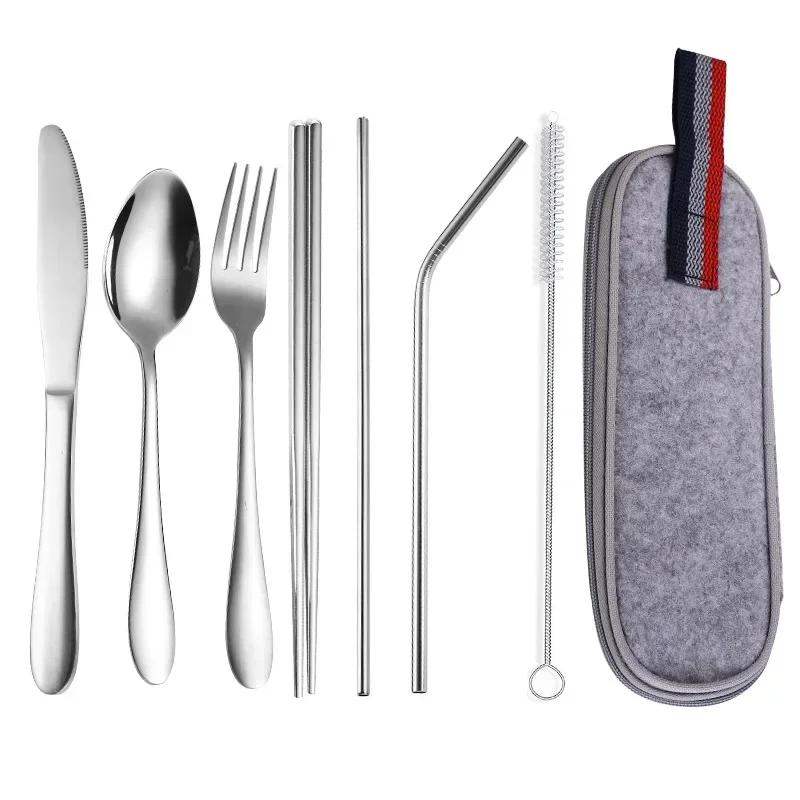 Portable 304 Stainless Steel Korean Knife, Fork, Spoon, Chopsticks and Straw Tableware Set for Travel - Folding Tableware