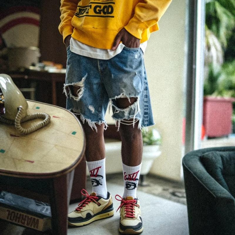 DRIPX Men s Ultra Ripped Distressed Denim Shorts Vintage Light Wash Frayed Hem Knee-length Jeans Streetwear Baggy Wide Jean Shorts M