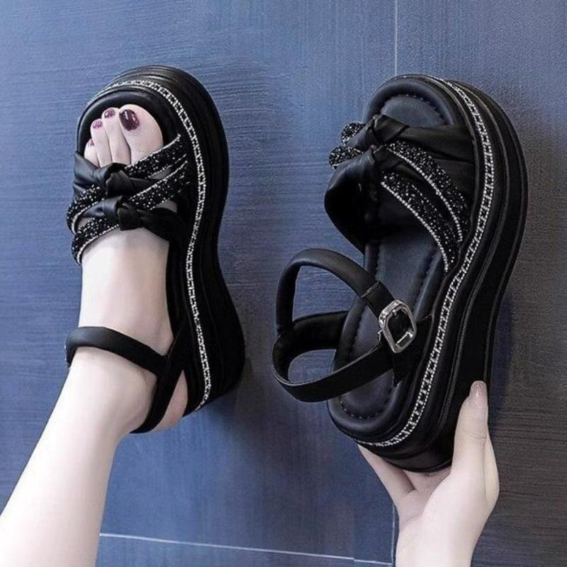 

High Quality Shoes for Women Summer Women s Sandals Solid Color Sequins High Heels Water Proof Buckle Open Toe Shoes Women 40 чёрный