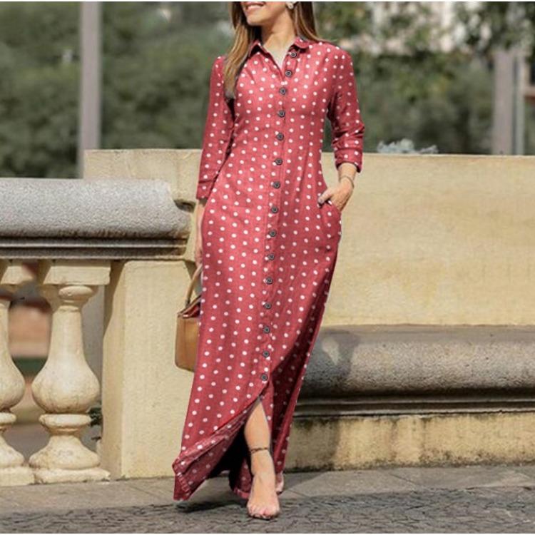 GMXIA Moda damska Lato Wiosna Jednolity kolor Drukuj Z długim rękawem POLO Dekolt Luźne, swobodne sukienki z guzikami