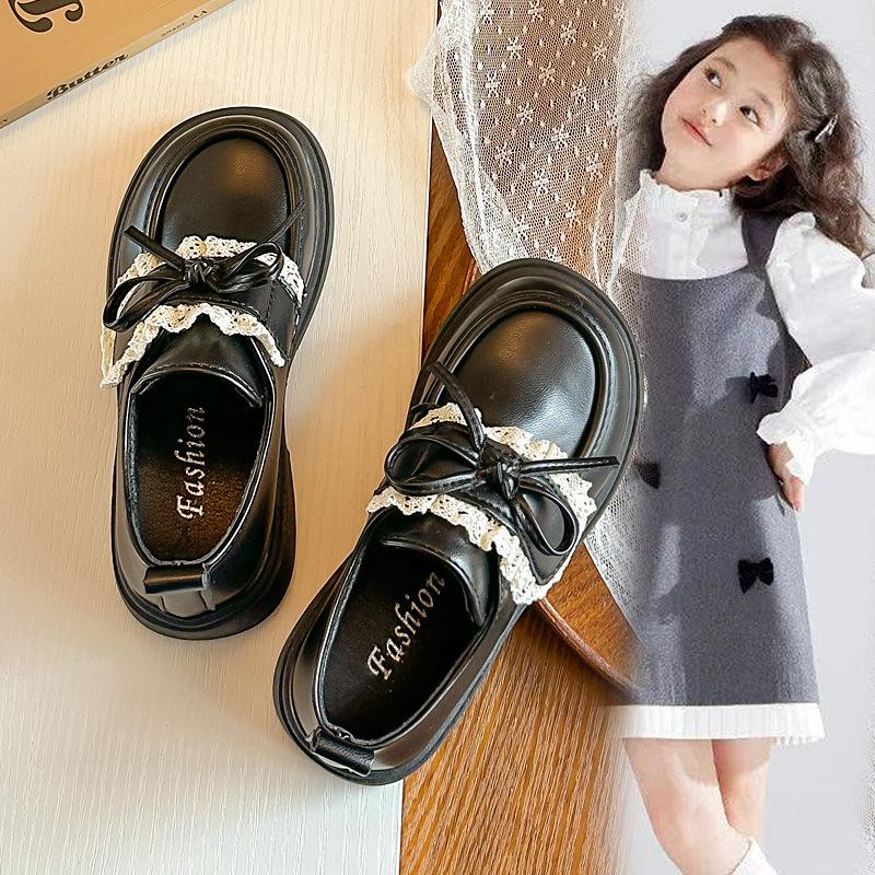 Children's British-style solid color leather shoes2026New Spring and Summer Girls' Lace Bow Performance Shoes