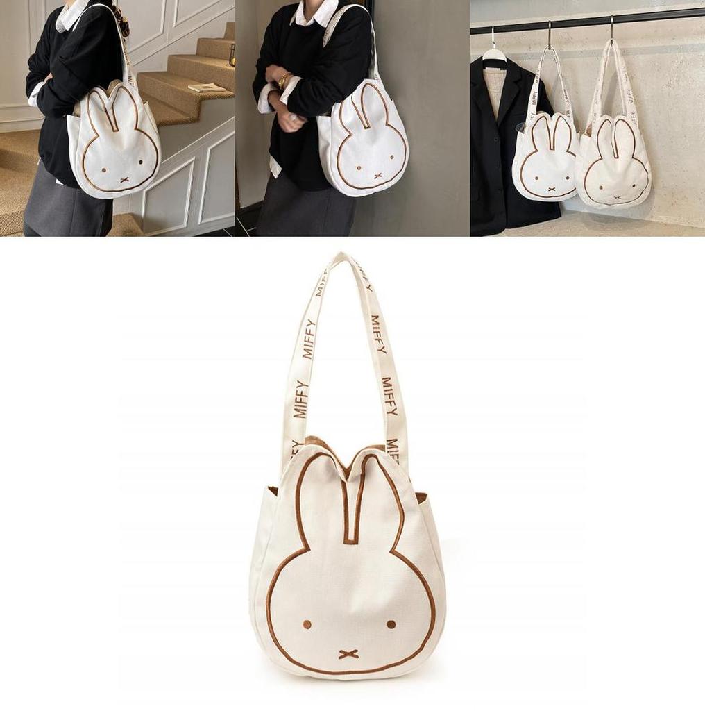 White Miffy Bunny Tote Bag With Print And Magnetic Closure For Urban Style