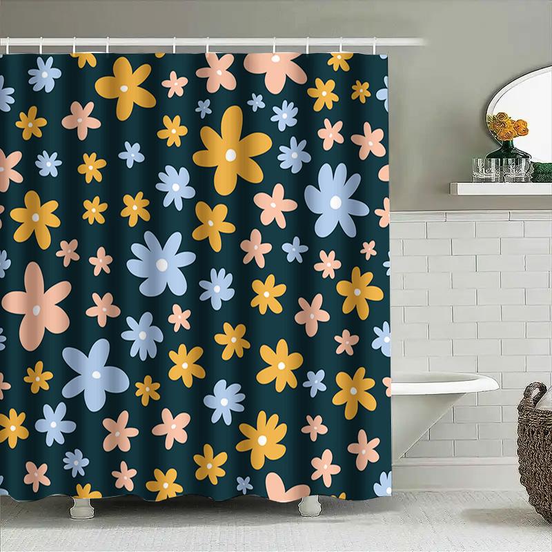 Beautiful Floral Shower Curtain Set Blue, Yellow Pink Flowers On Dark Green Background Perfect For Bathroom Decor!