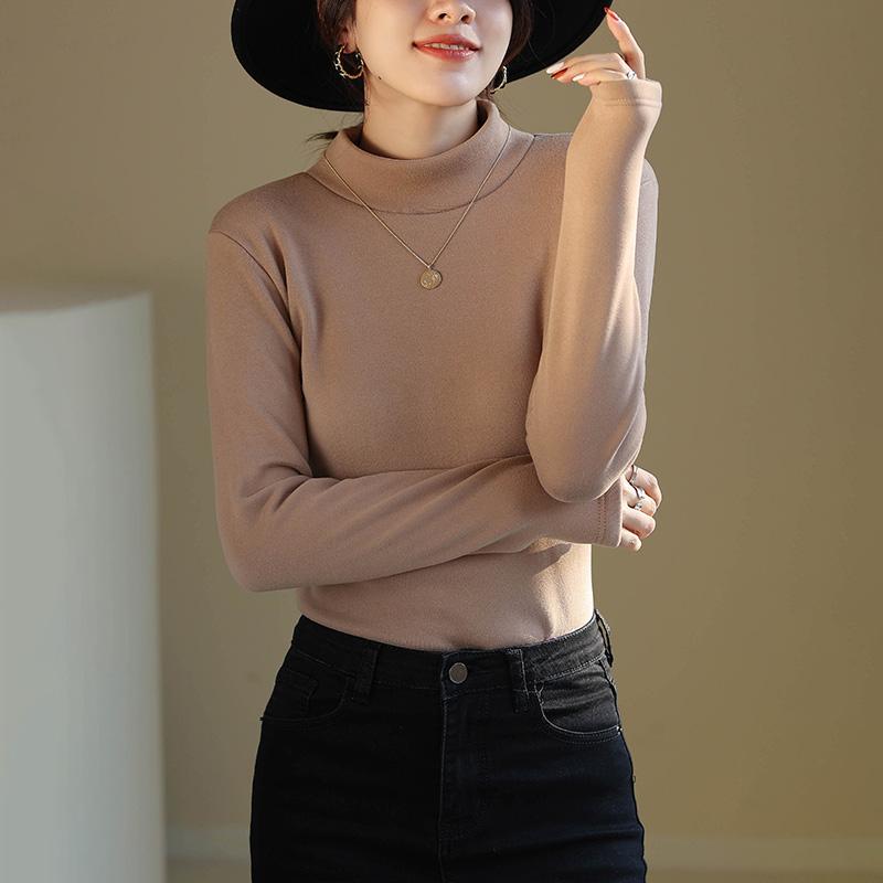 Plus Velvet Bottoming Shirt Women's Autumn Winter Thickened Half-high Collar Long-sleeved Solid Color Pullover Warm Top T-shirt