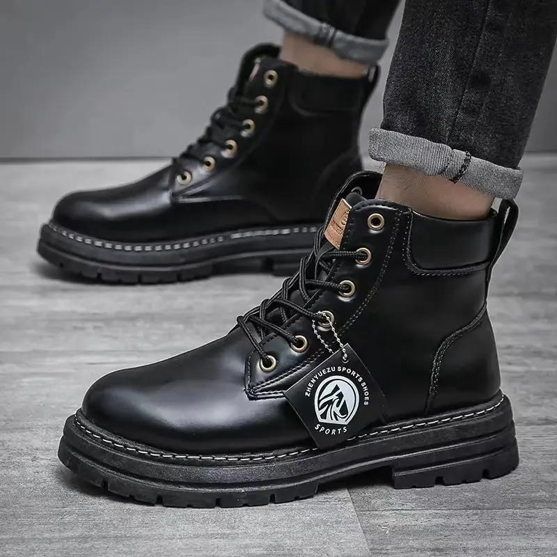 Men's high top casual leather boots spring and autumn outdoor soft sole anti slip comfort workwear boots fashion walking boots