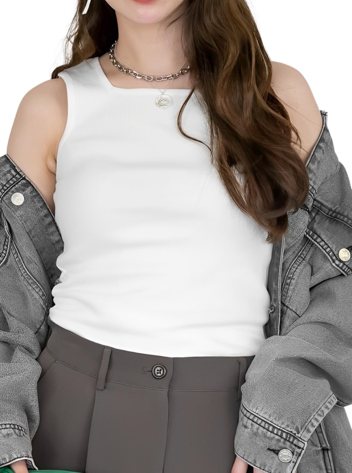 

Emptio Square Inner Tank Longer Relaxed Workout Perfect for and More Women s Top, Ribbed, Cute, Office-Friendly, Sleeveless, No-Cup, Length, U-Neck,