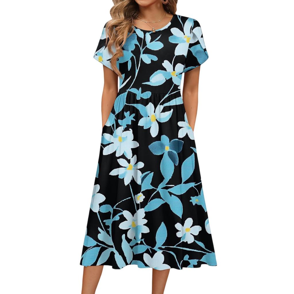 Damenmode Sommer Rundhals Kurzarm Blumendruck Strandkleider