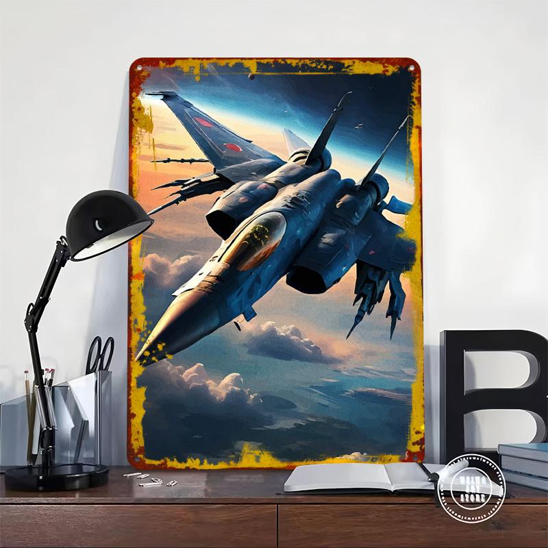 Fighter Jet Soaring Through the Sky Poster Customized Wall Art Vintage Metal Signs Retro Tin Plaque for Man Cave House Decor