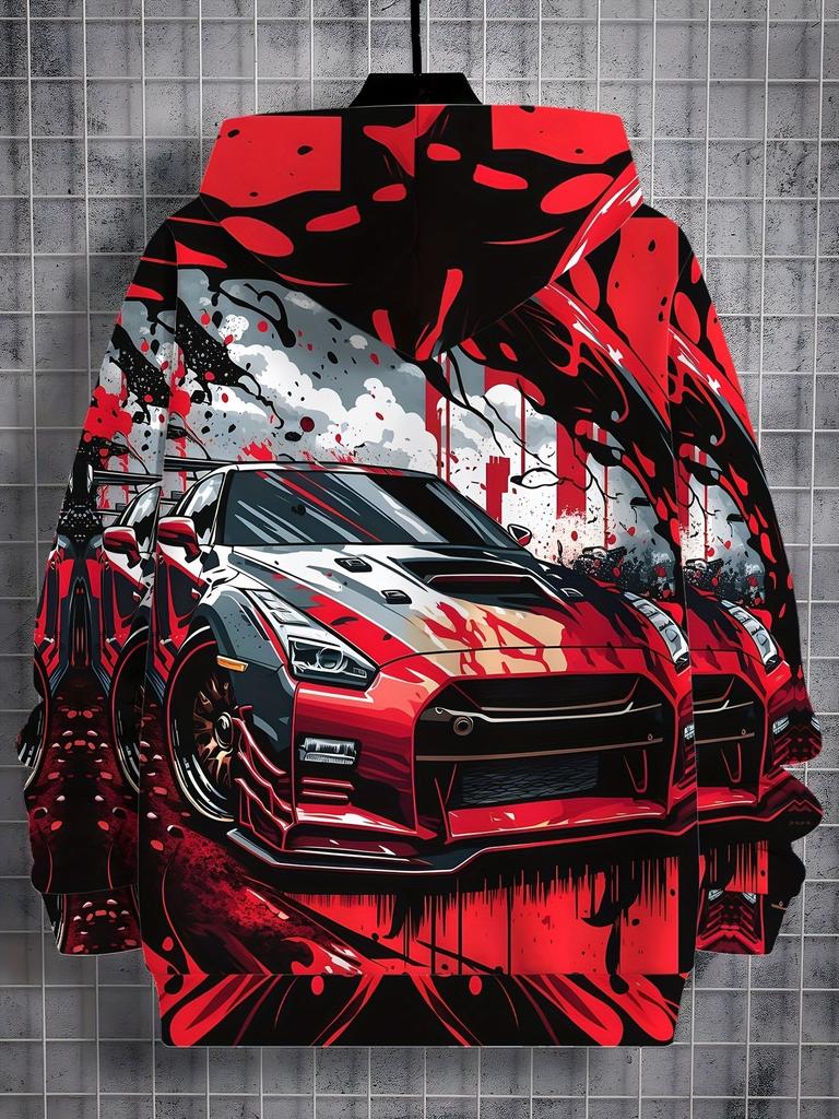 Boys' Casual Hoodie, Cool Car Print - Perfect Choice for Long Sleeves In Spring and Autumn, Loose Fit