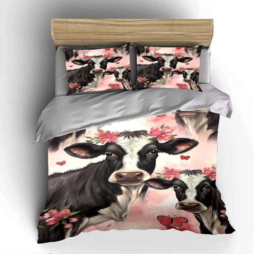 Cow Pattern with Flowers and Butterflies Bedding Duvet Cover Set (1*Duvet Cover 2*Pillowcases, without duvet insert)