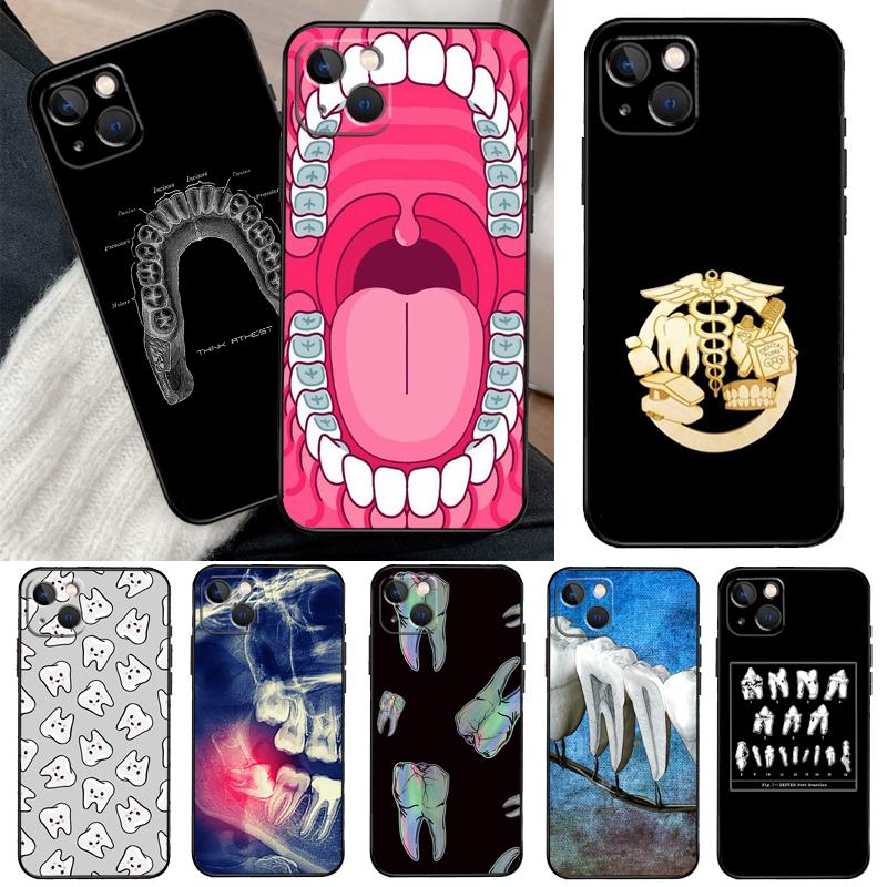 Dentist Tooth Pattern Phone Case For iPhone 13 14 15 16 Pro Max 11 12 XS XR X Plus Shockproof Bumper Soft Cover