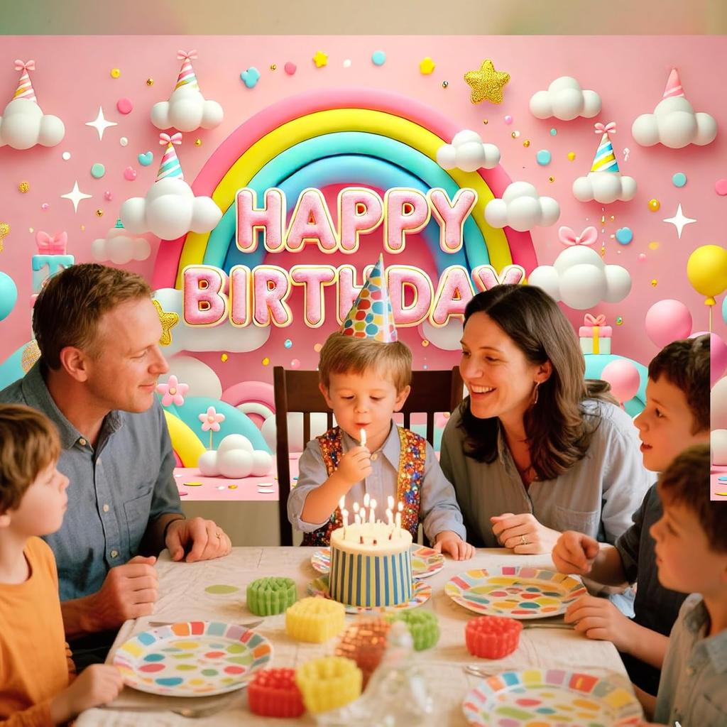 Nuxovilar Happy Birthday Banner - Large 71x43 Inch Pastel Rainbow Clouds Party Backdrop for Kids, Yard Sign, Birthday Decorations