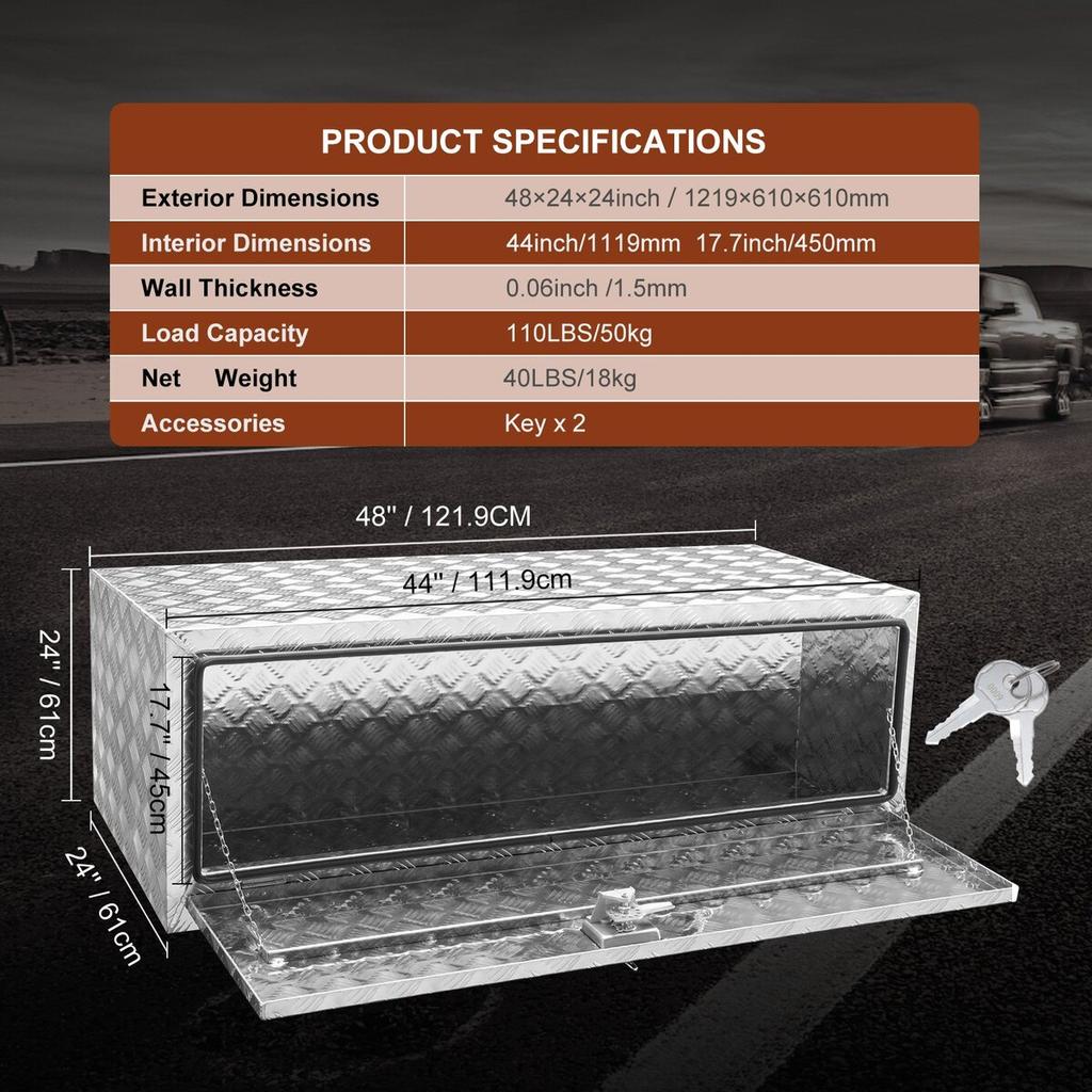 Underbody Truck Box, 48"×24"×24" Pickup Storage Box, Heavy Duty Aluminum Diamond Plate Tool Box with Lock and Keys, Waterproof Trailer Storage Box