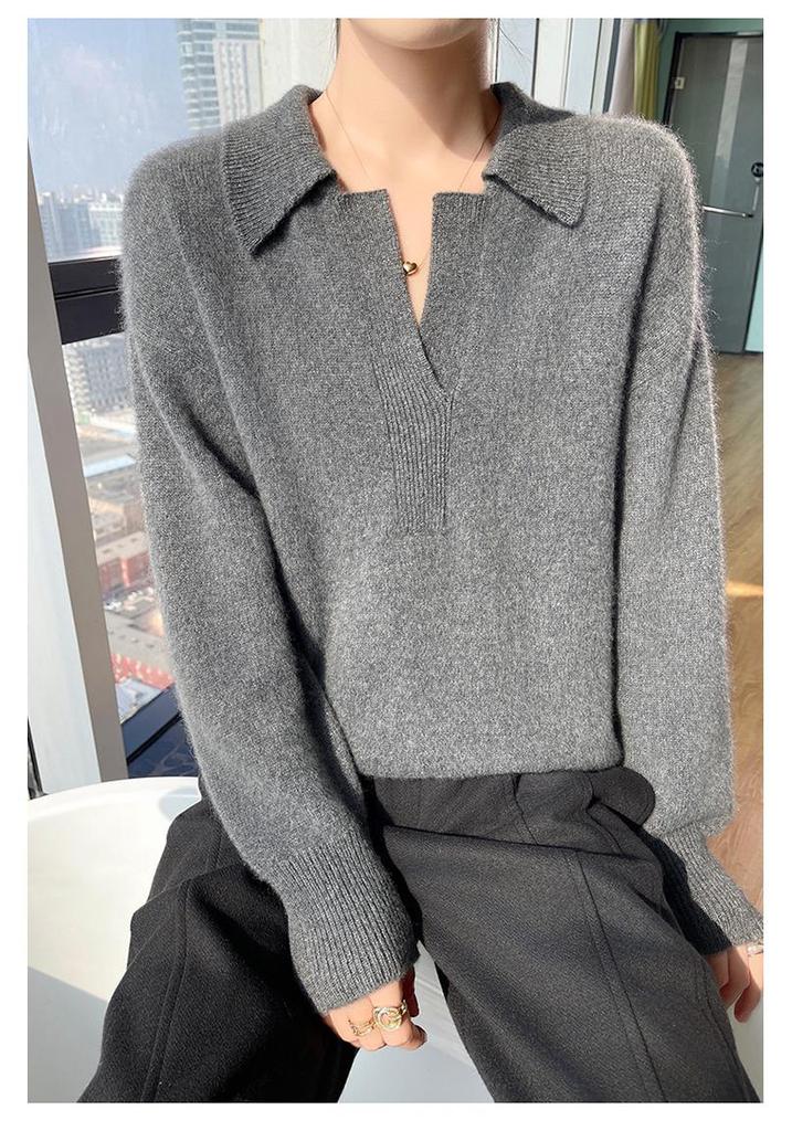 Women's 100% Pure Wool Loose Fit Polo Collar Cashmere Sweater - Autumn/Winter 2024 Collection.