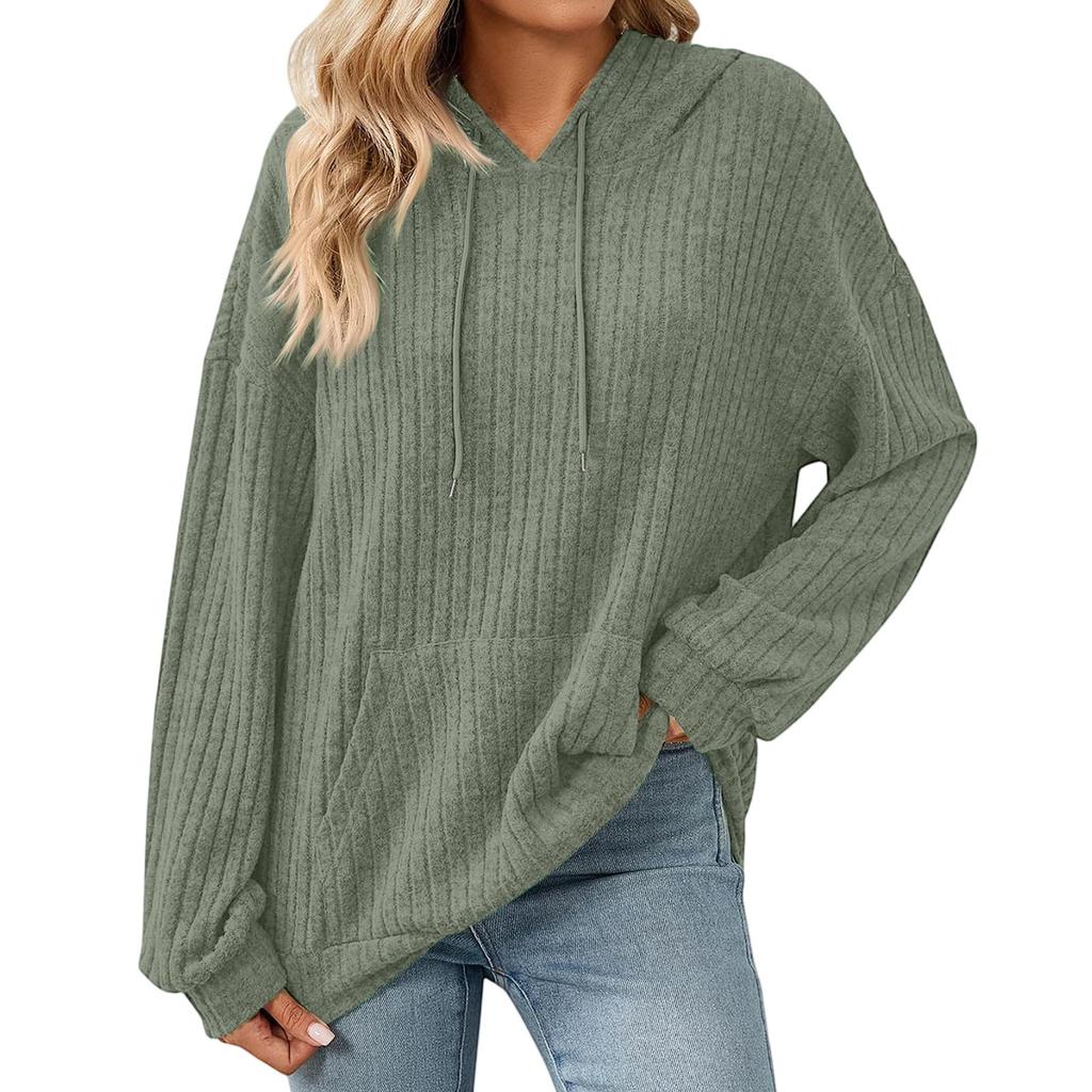 Damen Modischer Lockerer Langärmliger Kapuzenpullover mit Kordelzug und Tasche, Einfarbiges Oberteil