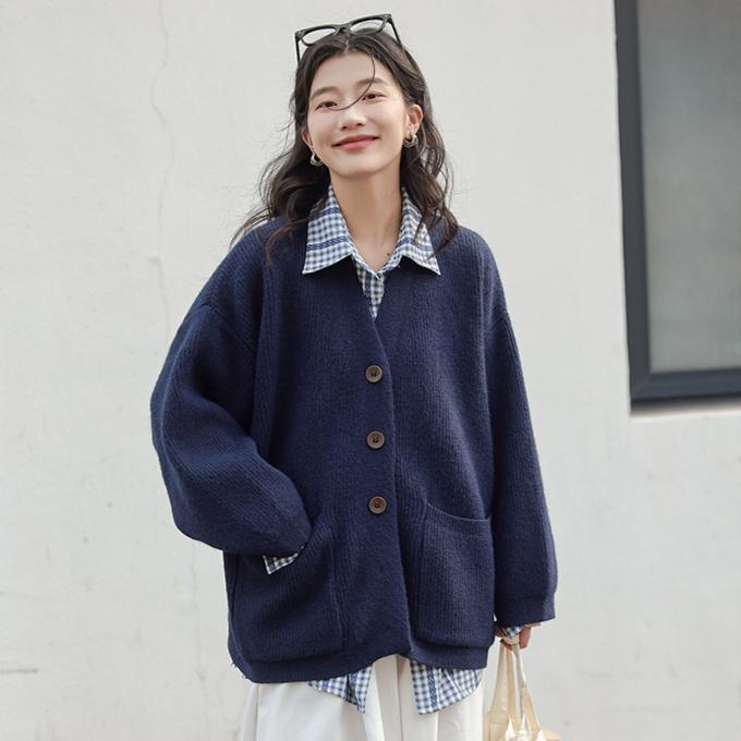 2025 New Autumn Women Sweater Knitting Basic Fashion Tops Tees Cardigan Long Sleeve Solid Shirt Loose Blue Coat