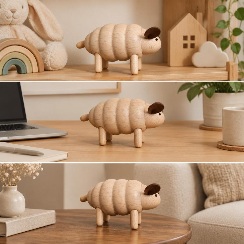 Solid Beech Wood Sheep Figurine Hand-Crafted for Mantel, Child's Room