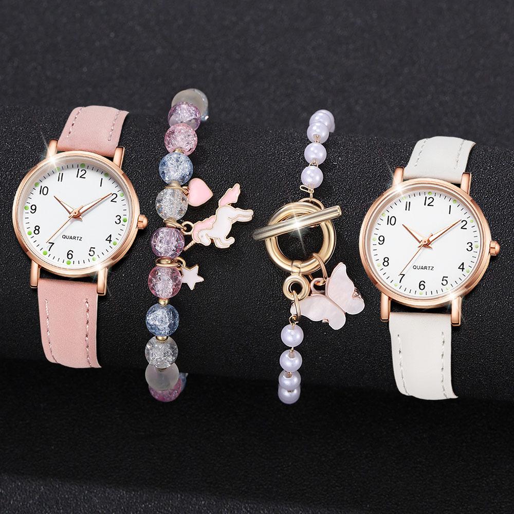 1/2/3/4pcs Fashion Arabic Dial Women Quartz Watch Casual Leather Strap Wristwatch for Girls Friendship Clock Gifts (Without Box)