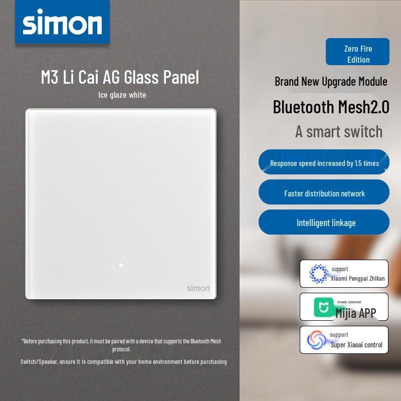 The Simon Smart Switch M3 features a matte tempered glass design and connects via Bluetooth Mesh 2.0 to the Mijia App.