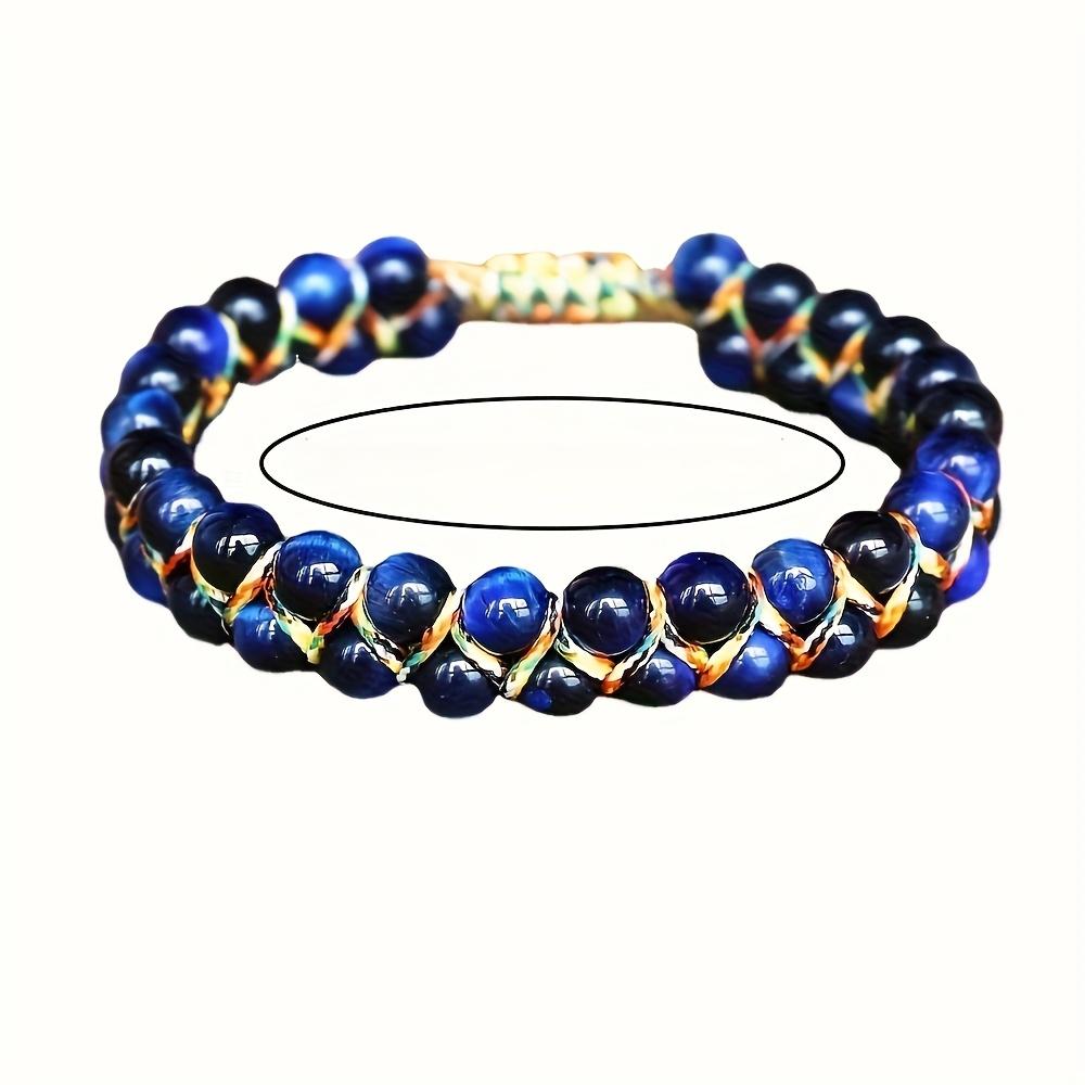 1pc CHENGYOUGE Bohemian Adjustable Bracelet - Natural Cat's Eye/Tiger's Eye Beads, Navy Blue & Golden accents, Adjustable Knot Closure, Everyday & Vac