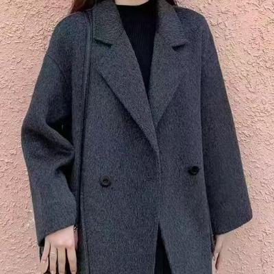 Women's Grey Woolen Mid-Length Coat with Spandex - Spring 2025 Edition