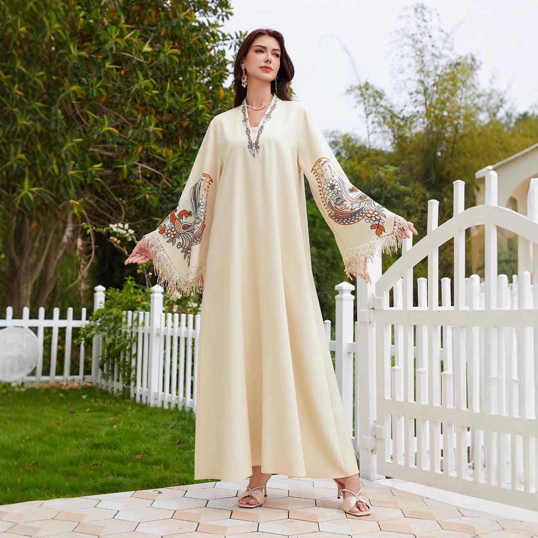 

NC44 Ближневосточное платье с V-образным вырезом для мусульманок с кисточкой и принтом Абайя XXL