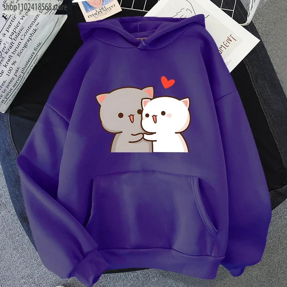 Cartoon Cute Peach Cat Hoodies Women Aesthetic Clothing Kawaii Sweatshirts for Girls Winter Fleee Pink Tops Long Sleeve