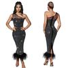 C6666 Damen One-Shoulder Netz-Feder-Bandagekleid mit Heißbohrungen