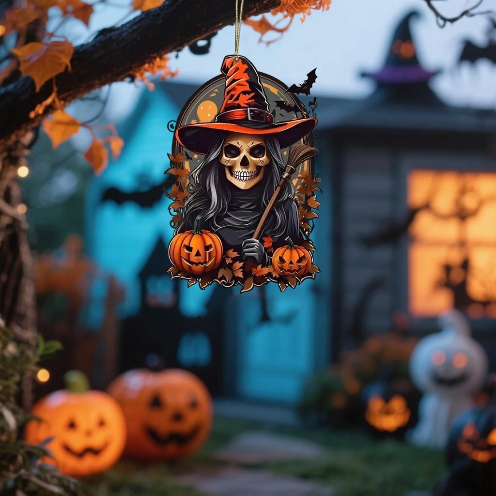 Pumpkins Man Christmas Tree Decoration Pendant Car Rearview Mirror Pendant Halloween Party Decorations, Horror Pumpkins Skeleton Witch Pendant