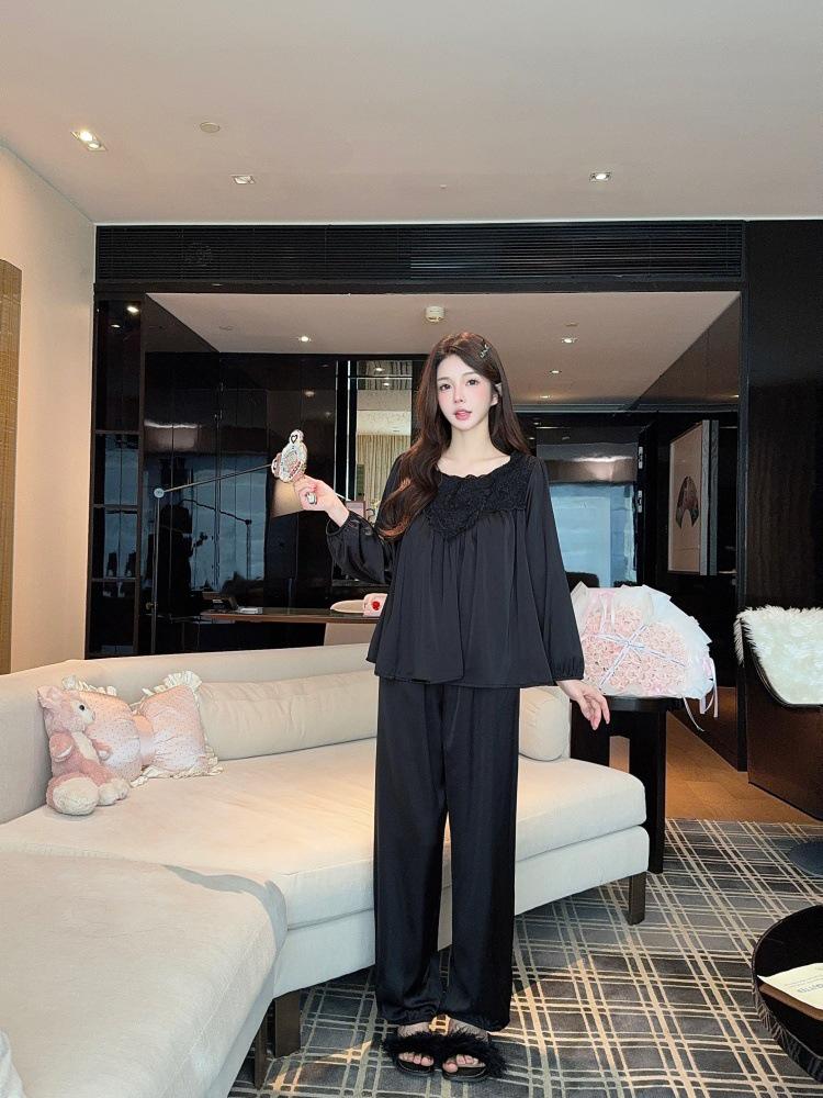 Ice Pure Maiden: Sweet Princess-Style Lace Pajamas - Long Sleeve, Light Luxury Ice Silk for Spring & Autumn