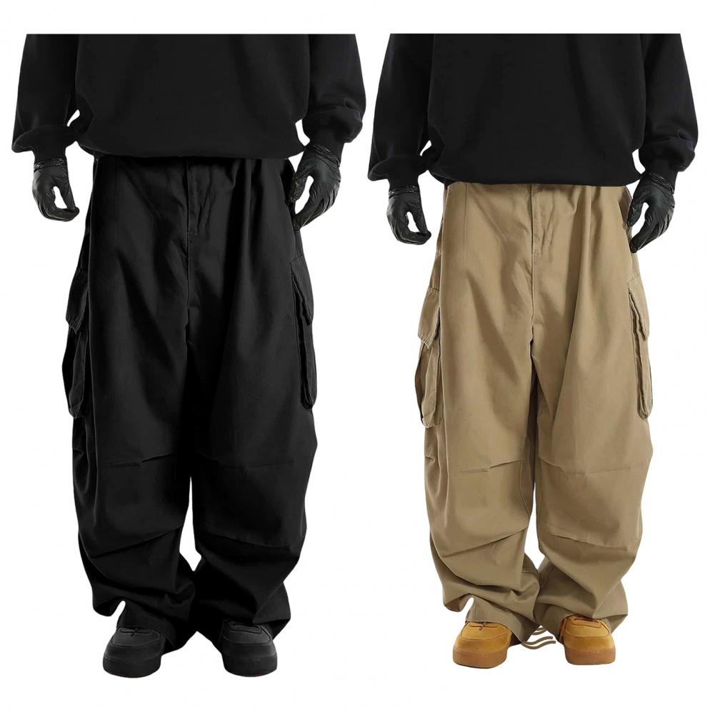 Men Cargo Pants Multi Pockets Drawstring Elastic Waist Vintage Wide Leg Hip Hop Streetwear Loose Solid Color Outdoor Long Trouse