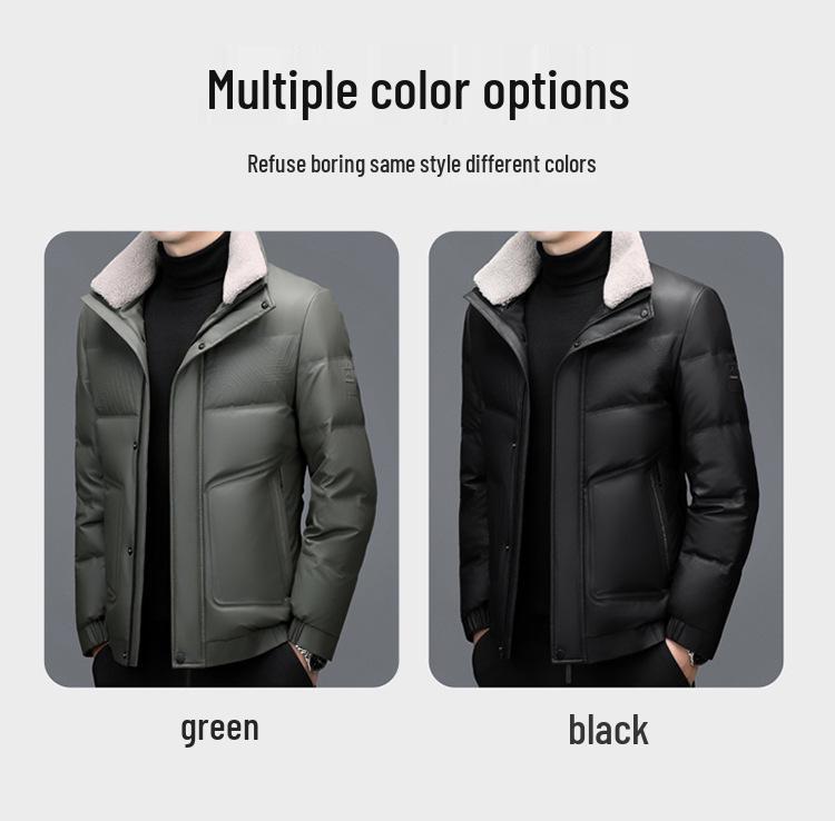 Men's Thickened Genuine Leather Down Jacket - Plus Size, Middle-Aged & Elderly, Winter Turn-Down Collar Outerwear, Loose Fit