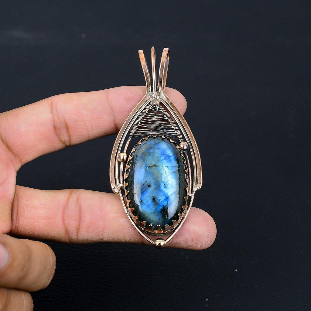 Labradorite Gemstone Pure Copper Wire Wrapped Handmade Pendant Jewelry For Gift