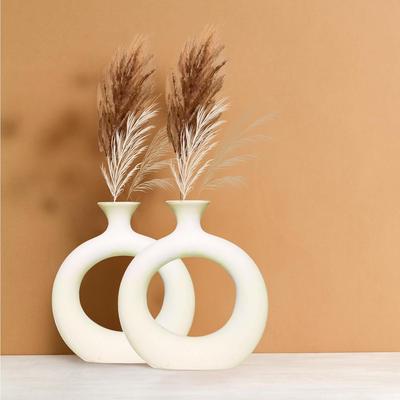 Ceramic 'White Slim Donut Vase' 6 Inch - Set of 2 | Decorative Round Vase for Dried Flowers and Pampas Grass | Vases for Home Decor Latest