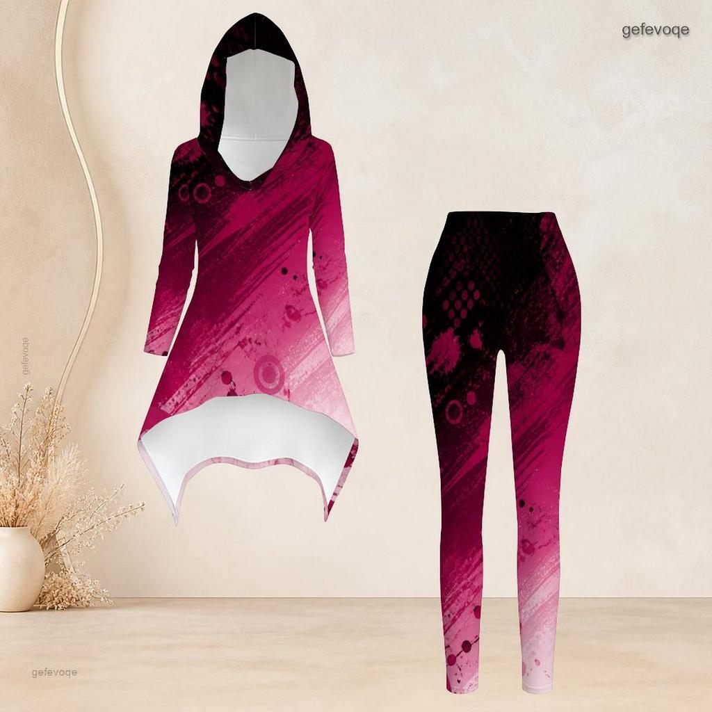 Women Plus Size Red Black Printed Hooded Long Sleeve High Low Top Fitted Pants Two Piece Set