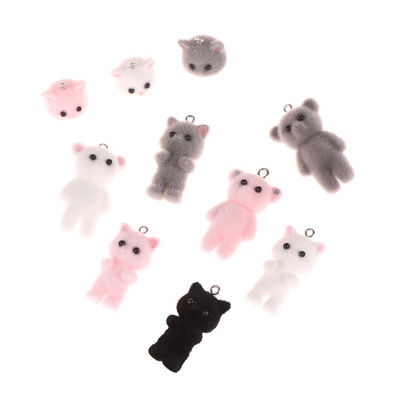 2Pcs Cat Bear Pendant Kawaii 3D Fluffy Flocking Charms Miniature Dolls Keychain Necklace Pendant Diy Crafts Jewelry Make