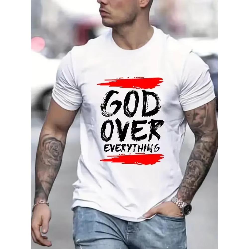 "God Over Everything" Graphic Print Men's Creative Top Casual Slightly Stretch Short Sleeve Crew Neck T-shirt Men's Tee  Outdoor