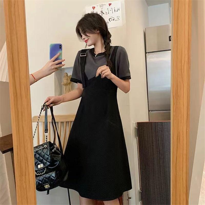 Women's Plus Size Fake Two-Piece Dress Black White Colorblock Casual Summer Short Sleeve A-Line Sundress