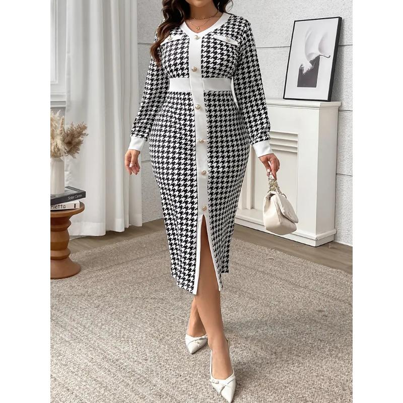 

Плюс Размер Женщин Повседневный Длинный Рукав Модный Контрастный Принт Тысяча Птиц Клетчатое Платье 0XL