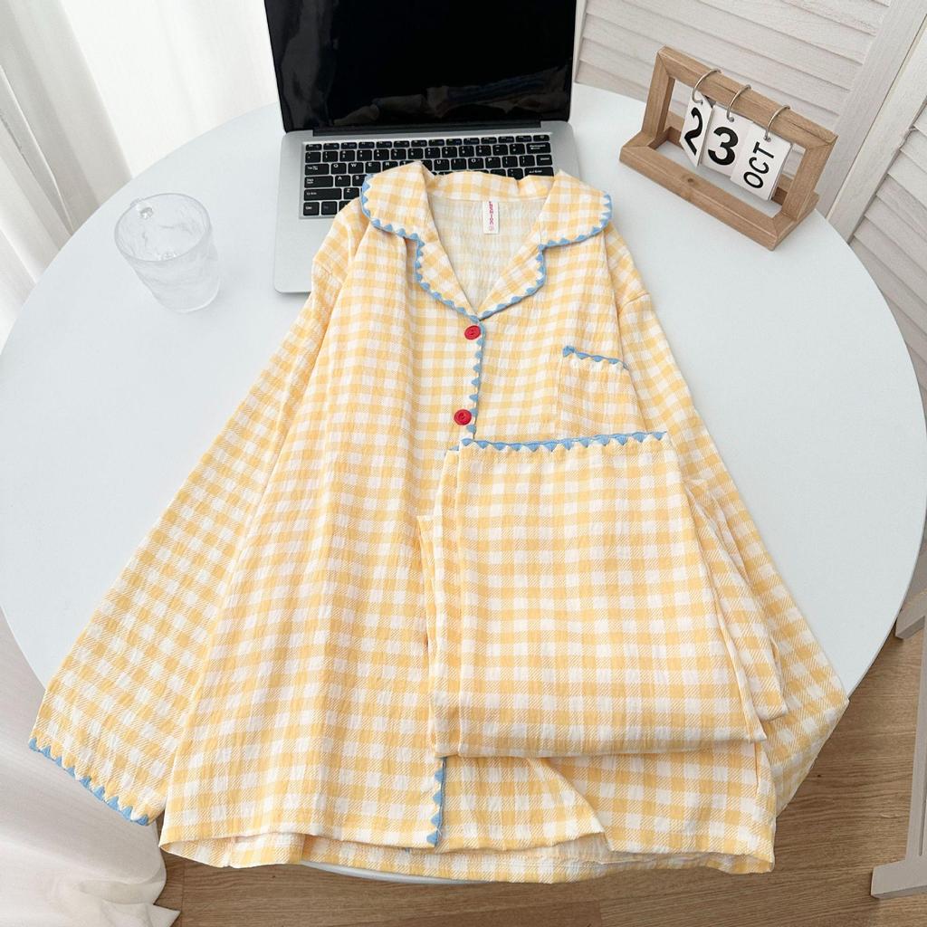 Yellow Plaid Shell-Edged Cloud Cotton Pajama Set for Women - Long Sleeve, Spring/Autumn Homewear with High-End Feel.