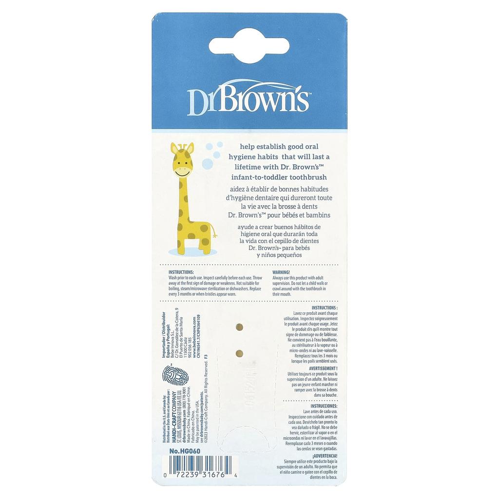 Dr. Brown'S, Toothbrush for Toddlers, Ages 0-3, Yellow, Giraffe, 1 Toothbrush
