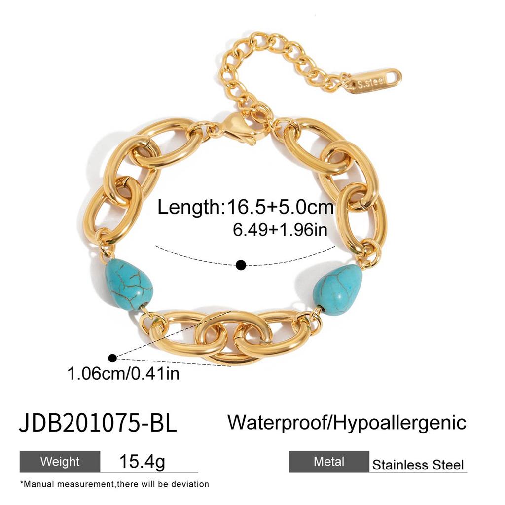 Youthway Retro - Style Blue Turquoise Bracelet With Stainless Steel 18K Gold Color - Plated O - Chain Design For Women